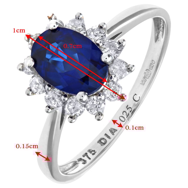 Oro blanco de 9 quilates (375): 1,8 g; # Diamante: 0,25 quilates; # Zafiro: 1.09ct
