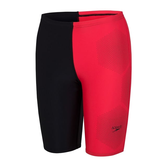 The Speedo Tech Placement Panel Kids Jammer offers great tech and coverage when swimming.  This Kids Jammer comes with a Secure Fit with a internal drawcord allows you to adjust the fit.  Front Lining which provides added comfort and modesty.  Higher chlorine resistance than standard swimwear fabrics which  fits like new and lasts for longer with CREORA HighClo technology built in to the fabric.  Shape Retention fabric stretches so you can enjoy your swim without feeling restricted.  Finished off with a split colour leg and added Speedo logo details.