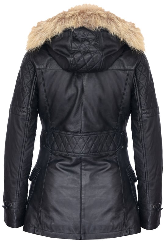 Elevate your winter wardrobe with our luxurious Women's Leather Diamond Quilted Parka Jacket, designed to add exuberance to your cold-weather outfits. Crafted from 100% premium ultra-soft nappa leather, this jacket offers a comfortable and luxurious feel. Here's what sets it apart:  
Diamond Quilting: The jacket features luxurious diamond quilting that adds a stylish texture to the ultra-soft leather, creating a unique and visually appealing design. 
Detachable Fur-Lined Hood: For extra warmth and a touch of class, the jacket comes with a detachable fur-lined hood, providing both comfort and style. 
High Funnel Collar: Below the hood, a high funnel collar shields against the wind and can be fastened with a traditional toggle closing, offering added protection and elegance. 
Multiple Pockets: This jacket offers practicality with two flap pockets at the waist and additional vertically running zipped pockets across the breast, ensuring you have ample storage space for your essentials. 
Quilted Detailing: Quilted detailing on the shoulders, back, and hood enhances the overall design, adding sophistication and warmth to the jacket.  This Women's Leather Diamond Quilted Parka Jacket is the perfect choice for those seeking both style and functionality in their winter attire
