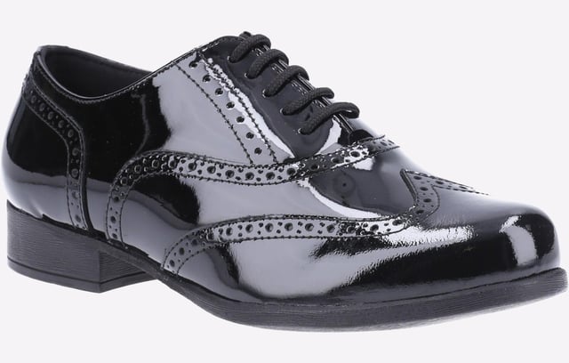 Hush Puppies School Shoe Girls Kada is a smart, classic leather brogue style shoe for that ultimate on trend look. Accompanied with fine brogue detailing and lace up finish, this shoe is sure to last all day wear. Finished off with a glossy patent finish for added style
-Patent leather uppers
-Brogue detailing
-Toe and heel reinforcements
-Low block heel
-Lightweight sole unit
-Approx 27mm Heel Height