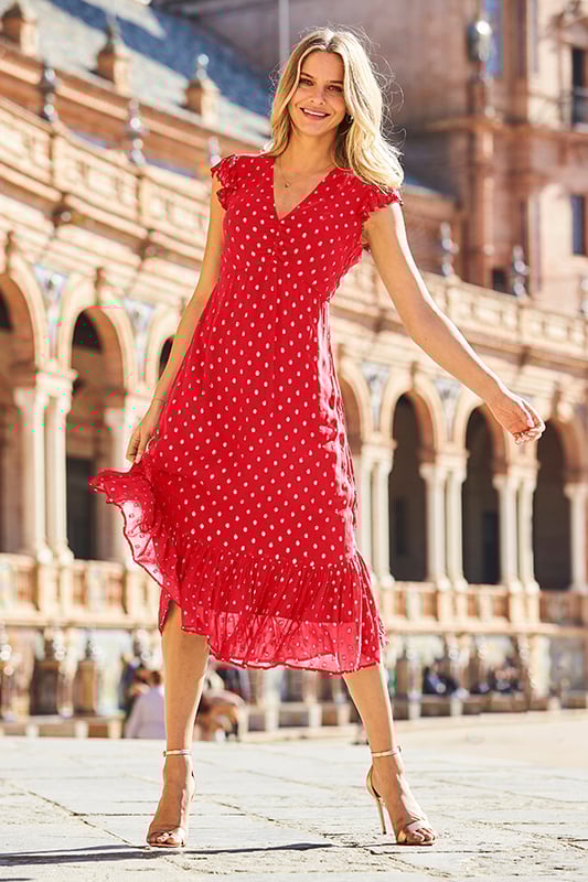 Red Gold Metallic Spot Print Ruffle Detail Midi Dress