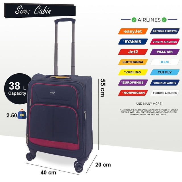 Embark on a Adventure with Our Exquisite 8-Wheel Luggage Set
AMAZING AIRLINE COMPATIBILITY: We understand that travellers may fly with many different airlines throughout their lifetime. That�s why we designed this cabin case so it is accepted on the vast majority of airlines throughout the UK, Europe & North America. Including easyJet, British Airways, Delta, Flybe, Lufthansa, Ryanair (Priority Boarding), Norwegian, Jet2, KLM, Virgin Atlantic and many more. (Please check with your airline before purchasing).

Key Features:

Eye-Catching Colours: Immerse yourself in the allure of paradise with a vibrant colour
Compact Cabin Size: Meets airline requirements for hassle-free boarding, featuring a roomy interior and maneuverable with a sturdy handle and 360-degree wheels.
Smooth 360 dual 8-wheel spinners for effortless mobility
Secure integrated 3-digit lock for enhanced security.
Constructed from ultra-strong Jacquard nylon 600D material for durability.
Self-locking telescopic handle and zip-around closure for easy use.
Indulge in the perfect blend of practicality and aesthetics with our Travel Collection - your passport to a seamless and stylish journey.
20 Inch Cabin Case - Size 55 x 40 x 20 cm Weight : 2.5Kg Capacity : 38 Litre
26 Inch Medium Case - Size 73 x 44 x 29 cm Weight : 3.3Kg Capacity : 95 Litre
29 Inch Large Case - Size 84 x 47 x 32 cm Weight : 4Kg Capacity : 127 Litre

Note: Please select preferred size. Sizes sold individually, not in sets.