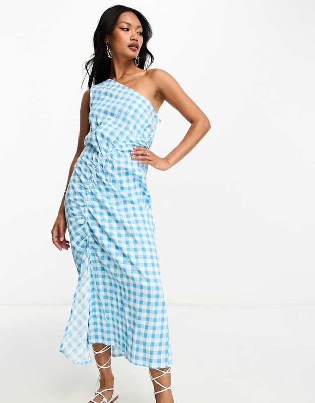 white christmas dresses Rent ASOS DESIGN One Shoulder Ruched Mesh Midi Dress In Pink And Green  Abstract Print main image 0