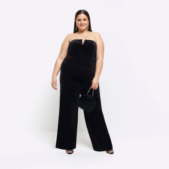 Plus collection, Velvet fabric, Bandeau neckline, Sleeveless, Wide leg, Plus Size Guide