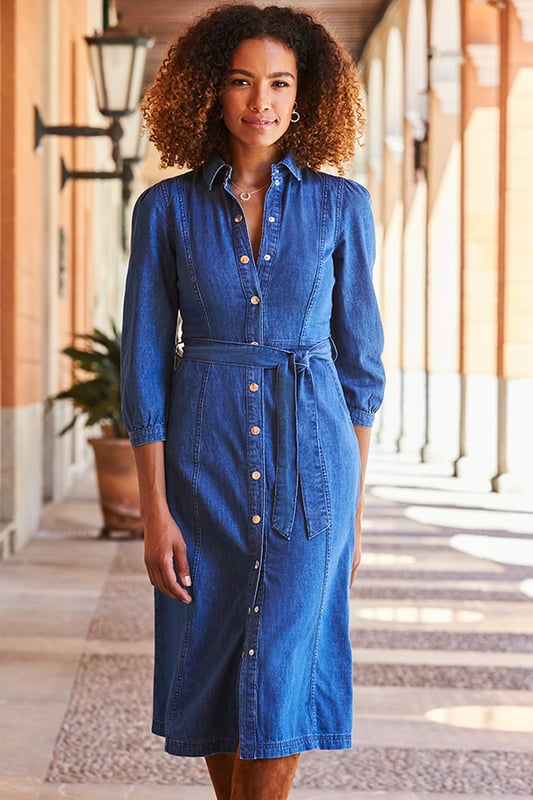 Mid Blue Popper Front Belted Denim Midi Dress