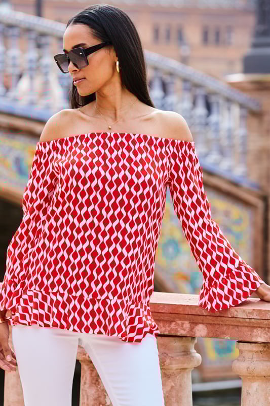 Shirred ruffle hem bardot top sales