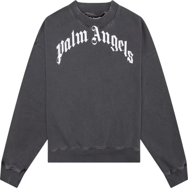 Palm Angels GD Curved Logo Washed Black Sweater. Introducing the Palm Angels Classic Logo Washed Black Sweatshirt, a must-have addition to your wardrobe. With its bold logo on the front this 100% cotton sweater is both stylish and comfortable. Don't miss out � get yours now!. Regular Fit. Palm Angels Logo Print, Long Sleeve, Elasticated Waist and Sleeve Endings. 100% Cotton, Made In Italy. PMBA026C99FLE0061001