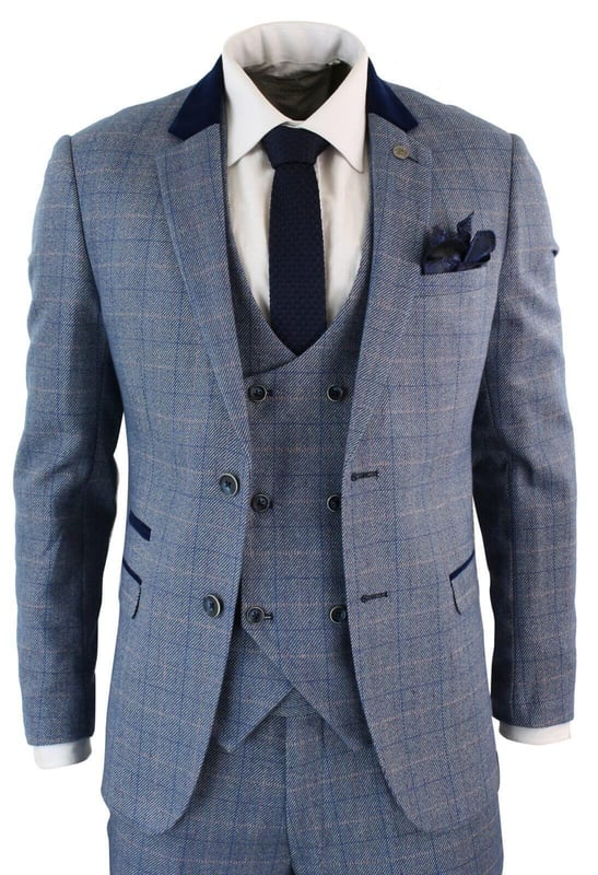 The Hilton suit adds a splash of colour to your ensemble. It combines pastel blue and blush pink to create a vintage style check weaved into a durable tweed style fabric. Navy blue is also worked in to the suit with velvet trims. elbow pads and collar to make it stand out. A superb check three piece perfect for both weddings and christenings - Note: The waistline of the pants is 15cm smaller than the corresponding size of the jacket. For example, a 34'' coat + 28'' pants, a 36'' coat + 30'' pants, a 38'' coat + 32'' pants, a 40'' coat + 34'' pants, a 42'' coat + 36'' pants, 44'' jacket + 38'' pants, 46'' jacket + 40'' pants, 48'' jacket + 42'' pants, 48'' jacket + 44'' pants, and 52'' jacket + 46'' pants.