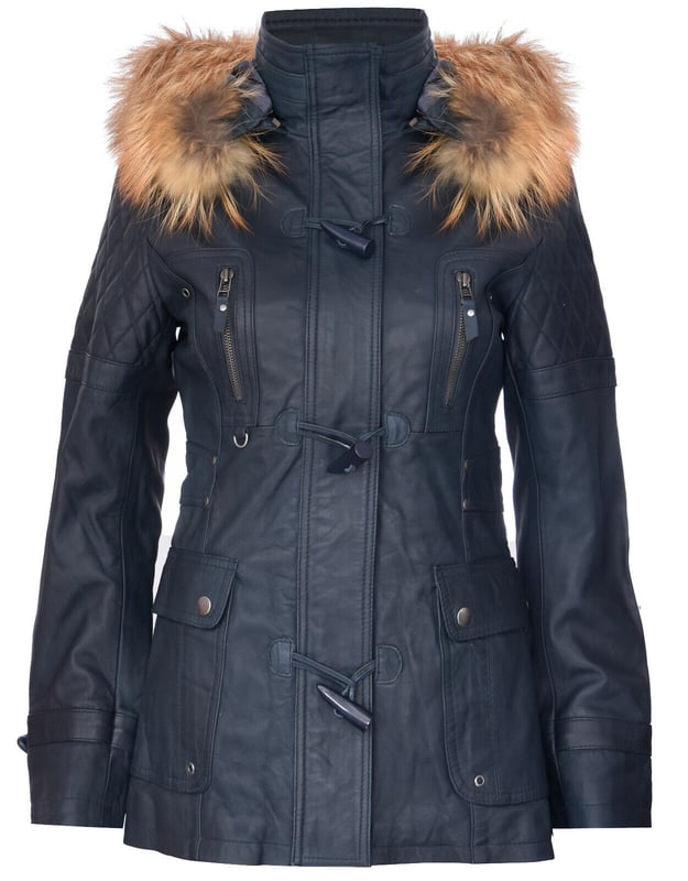 Elevate your winter wardrobe with our luxurious Women's Leather Diamond Quilted Parka Jacket, designed to add exuberance to your cold-weather outfits. Crafted from 100% premium ultra-soft nappa leather, this jacket offers a comfortable and luxurious feel. Here's what sets it apart:  
Diamond Quilting: The jacket features luxurious diamond quilting that adds a stylish texture to the ultra-soft leather, creating a unique and visually appealing design. 
Detachable Fur-Lined Hood: For extra warmth and a touch of class, the jacket comes with a detachable fur-lined hood, providing both comfort and style. 
High Funnel Collar: Below the hood, a high funnel collar shields against the wind and can be fastened with a traditional toggle closing, offering added protection and elegance. 
Multiple Pockets: This jacket offers practicality with two flap pockets at the waist and additional vertically running zipped pockets across the breast, ensuring you have ample storage space for your essentials. 
Quilted Detailing: Quilted detailing on the shoulders, back, and hood enhances the overall design, adding sophistication and warmth to the jacket.  This Women's Leather Diamond Quilted Parka Jacket is the perfect choice for those seeking both style and functionality in their winter attire