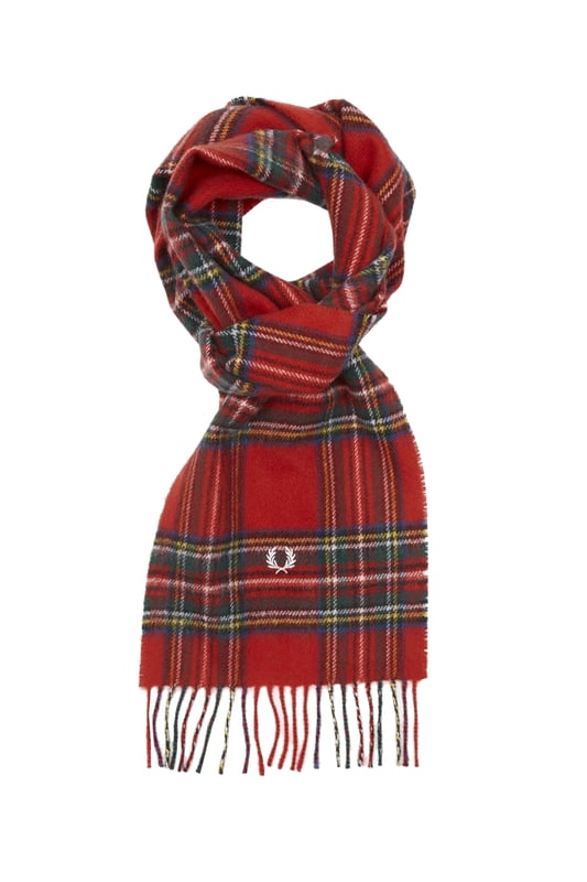 Fred Perry Roter Schal, Tartan-Schal, Markenlogo, 100 % Wolle, Tartan-Muster