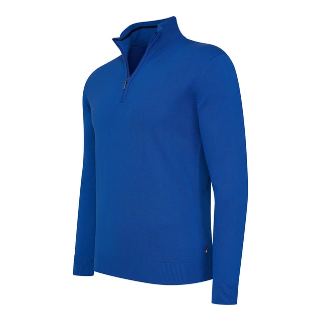 Jersey con cremallera Cappuccino Italia Bergamo para hombre. El jersey está confeccionado con un 50% de algodón y un 50% de poliéster y tiene un corte recto. El jersey tiene cuello alto, que puede abrirse o cerrarse con una cremallera a su gusto.  Marca: Cappuccino ItaliaNombre del modelo: Bergamo Zip Pullover (con cuello camisero)Categoría: jersey para hombreMateriales: algodón, acrílicoColor: azul real, blanco
