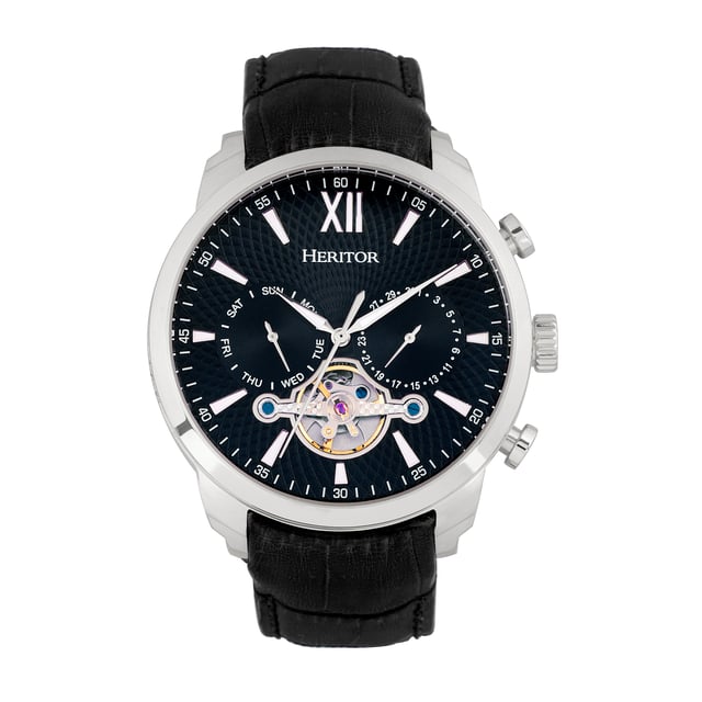 316L Surgical-Quality Stainless Steel Case; Jeweled Automatic Movement; Jewel Bearings: 20 Jewels; 42-Hour Power Reserve; Beats per Hour (BPH): 21600/Hour; Sapphire-Coated Mineral Crystal; Pattern Dial; Semi-Skeleton Dial; Observation Caseback to view Movement; Genuine Leather Crocodile-Embossed Strap; Logo-Engraved Stainless Steel Clasp; Luminous Hands; Luminous Markers; Day Sub-Dial; Date Sub-Dial; 45mm Diameter; 5 ATM Water Resistance;
