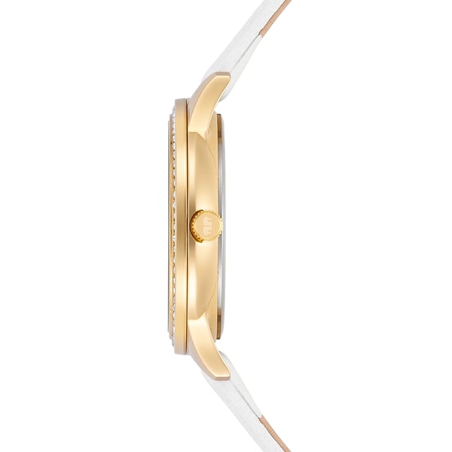 Are you looking for a women's watch that connects classic look with glamorous luxury? Then this model of the Rhodenwald & Sons label is the right choice. The clock scores with an elaborately worked, multi -layer dial, striking line indices and luminiscae. Functional highlight are auxiliary digits for the date and weekday in the Bicompax arrangement, supplemented by a moon phase display. The hard-wearing stainless steel case with IP finishing in yellow gold is decorated with crystals from Swarovski®. A simple, soft leather bracelet fits perfectly into the design and rounds off the noble overall impression.