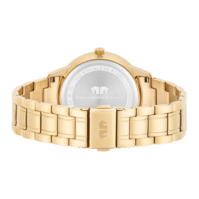 Would you like to enrich your watch collection with a model that combines multifunctionality and stylish glamor? Then this women's watch of the Rhodenwald & Sons label is an excellent choice. The design of the multi-layer dial is opulent and convinces with totalists for the weekday and date in the popular BICOmpax arrangement, striking line indices and night lighting. The moon phase display is striking. The robust stainless steel housing and the harmoniously coordinated limb strap are refined with an ion plate in yellow gold - for warm gold -gloss and best suitability for everyday use. Glamorous eyecatcher is the bezel, all around decorated with crystals from Swarovski®.