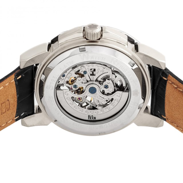316L Surgical-Quality Stainless Steel Case; Jeweled Automatic Movement; Jewel Bearings: 20 Jewels; 42-Hour Power Reserve; Beats per Hour (BPH): 21600/Hour; Sapphire-Coated Mineral Crystal; Skeleton Dial; Observation Caseback to View Movement; Crown Protector Case Design; Genuine Leather Crocodile-Embossed Strap; Logo-Engraved Stainless Steel Clasp; Luminous Hands; Luminous Markers; 41mm Diameter; 5 ATM Water Resistance;