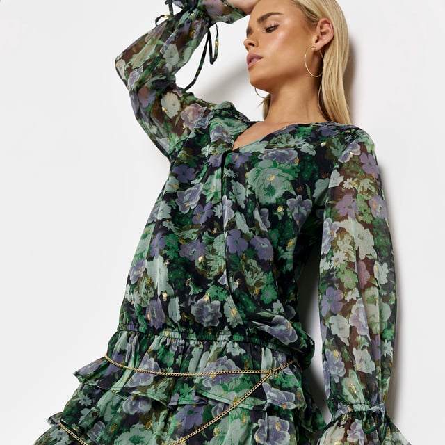 Petite collection, Floral print, Chiffon fabric, Frill detail, Belted, V-neck, Long sleeves, Tie cuff detail, Mini length, Our model wears a UK 8 and is 161.5cm/5’3” tall