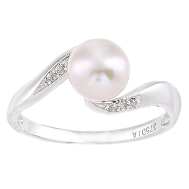 9K (375) witgoud: 1,85 gram; # Diamant: 0,04 ct; # Gekweekte parel: 2,57 ct