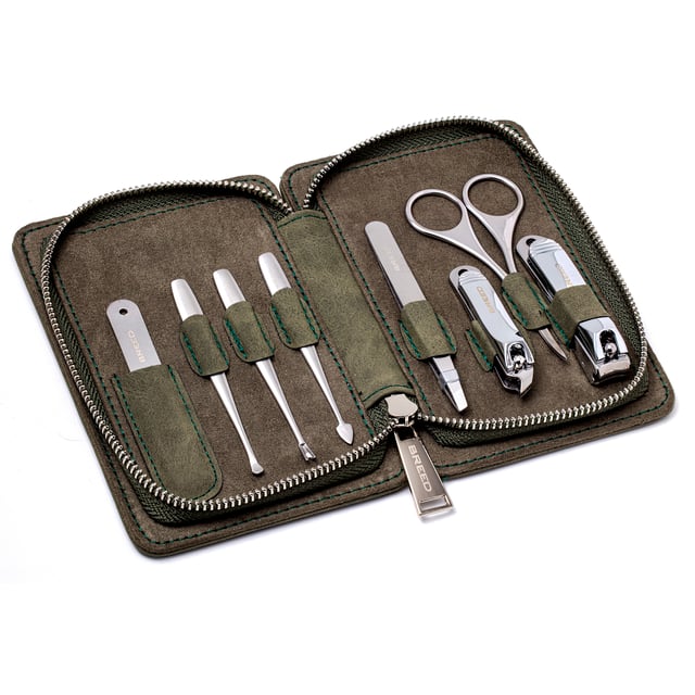SPECS: 8-piece set, Surgical Stainless steel tools; INCLUDED: Heavy duty zip up travel case, Fingernail clippers, Toenail clippers, Nail file, Nostril + Eyebrow scissors, Peeling Knife, Cuticle Knife, Deadskin Fork, Tweezers
