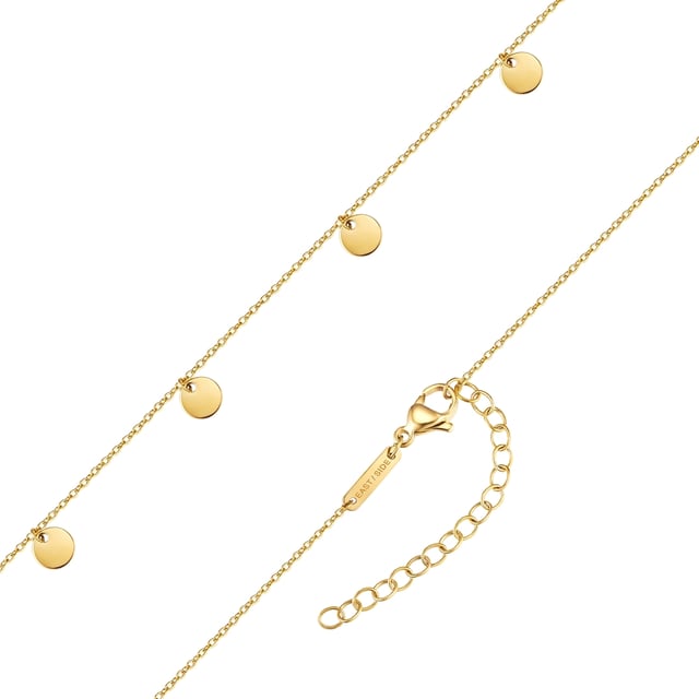 Stylish boho accessories like this necklace from the young label EASTSIDE are a must-have for every jewelry box. The small, circular pendants are a playful eye-catcher and conjure up festival vibes in your décolleté. The anchor chain and pendant plates are made of IP gold-plated stainless steel - the perfect jewelry material for active women who are looking for a scratch- and waterproof fashion jewelry alternative. Thanks to an extension piece with a lobster clasp, the length of the delicate chain can be quickly and easily adjusted. An everyday companion that goes with many looks - and maybe your new favorite piece?