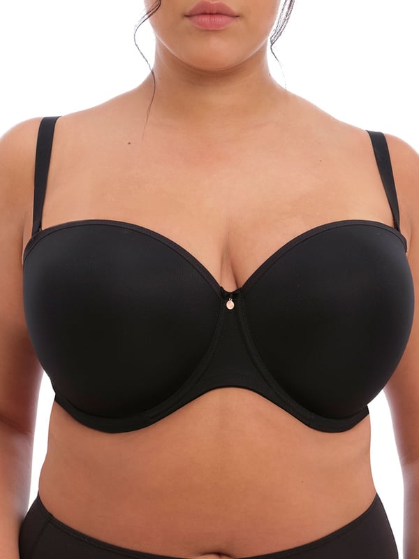 Elomi Smooth Underwired Strapless Bra in Black. Moulded with a sweetheart neckline and removable multiway straps. Product is made of 37% Nylon/Polyamide, 25% Elastane, 38% Polyester and is hand-wash only.
