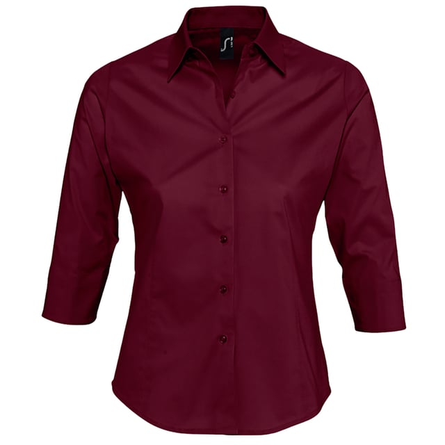 Stretch fabric. Stiffened collar. Self colour buttons. Slitted cuffs. Front and back darts. Curved hem. Fabric weight: 140 gsm. Material: 97% cotton/3% elastane. Ladies size: XS(6/8), S(8/10), M(10/12), L(12/14), XL(14/16), XXL(16/18).