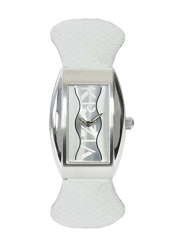Krizia: Womens Silver Watch Silver and white dial with intricate design. This watch is beautiful with its white leather band enhancing your every day occasionware