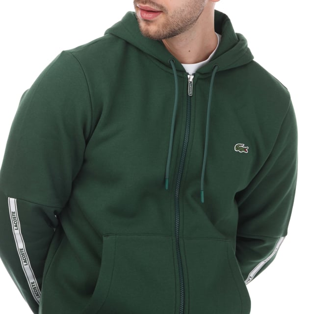 Men s Lacoste Branded Bands Zippered Fleece Hoody in Green