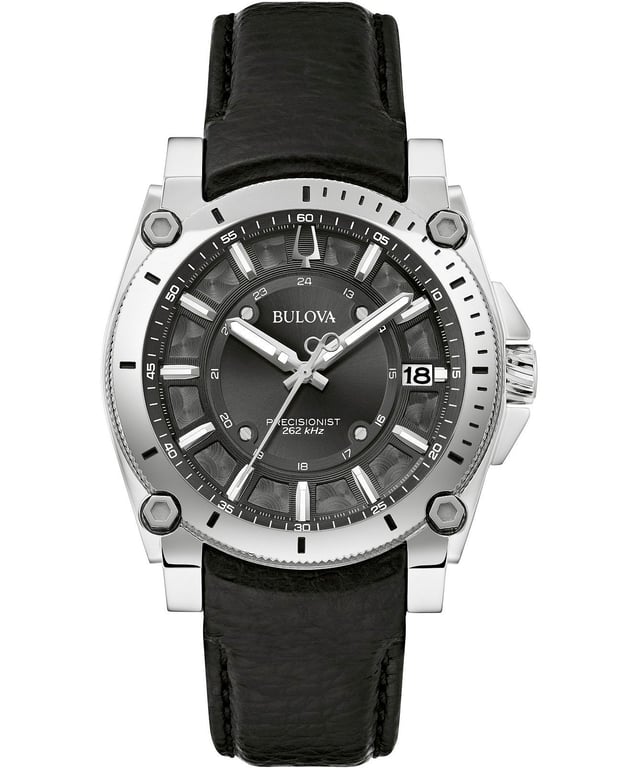This Bulova Precisionist Icon Analogue Watch for Men is the perfect timepiece to wear or to gift. It's Silver 40 mm Round case combined with the comfortable Black Leather watch band will ensure you enjoy this stunning timepiece without any compromise. Operated by a high quality Quartz movement and water resistant to 10 bars, your watch will keep ticking. This high quality watch is an incredible eye-catching Men's watch This Analogue watch has a calendar function: Date , Luminous Hands and Luminous Numbers This high quality watch is an incredible eye-catching Women watch The Analogue watch has a Swiss Made movement Case diameter: 40 mm,case thickness: 13 mm, case colour: Silver and dial colour: Black
