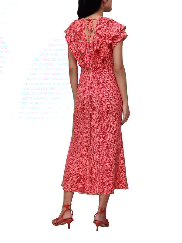Step into style with the vibrant Wiggly Ruffled Midi Dress, perfect for day-to-evening wear. This short-sleeved number with a flattering V-neck and zip fastening offers comfort with its recycled polyester blend, making it an eco-conscious choice for any fashion-forward wardrobe.