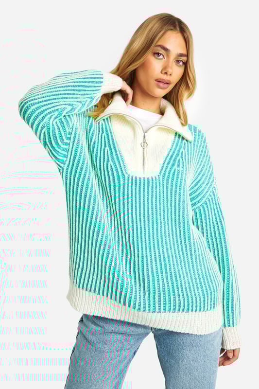 It's the season to feel snug and what better way than with this oversized jumper. Bigger than your usual size which elongates your silhouette, our women's oversized jumpers are cosy and comfortable for your autumn and winter wardrobe. Perfect for whatever plans you've got coming up, make a satin slip dress a little more casual with an oversized rib knit thrown on and banish those winter blues by stepping into a cable knit baggy jumper over leggings and ribbed socks. Warm and cosy is the vibe this season.Style: Oversized JumperDesign: StripesFabric: AcrylicNeckline: Zip FunnelSleeve Length: Long Sleeve