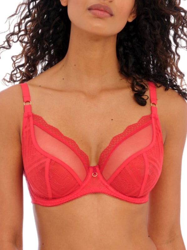 Freya Freya Fatale Plunge Bra. Lace trim neck edge with sheer top cups and lace bottom cups. This product is recommended as hand wash only.