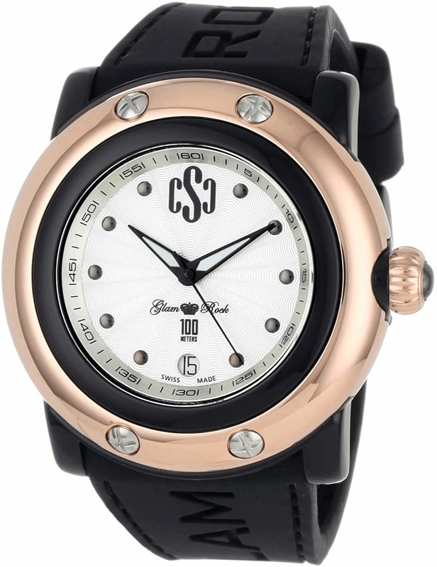 Glam Rock GR62019 - Herrenuhr Quarz aus Polycarbonat• Material: Polycarbonat• Glas: Saphir• Armband: Silikon• Farbe: Schwarz Gold Rose• Wasserbeständigkeit: 100 m (10 ATM)• Gehäusegröße: 46 mm