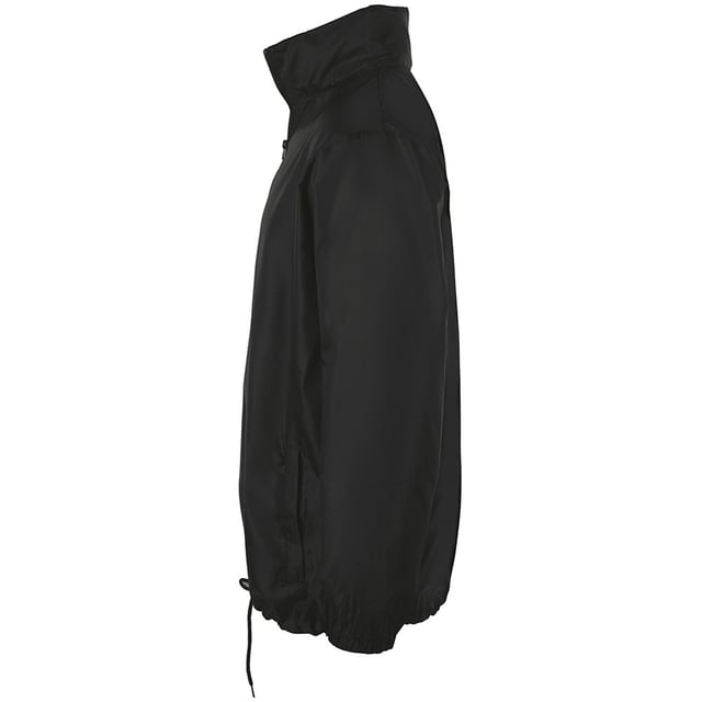 Unisex jacket. Showerproof and windproof. Full length zip. Concealed adjustable hood. Two zip pockets. Elasticated cuffs. Drawcord hem. Fabric: 210T Polyester. Chest (to fit inches): S(36/38), M(38/40), L(41/42), XL(43/44), XXL(45/47).