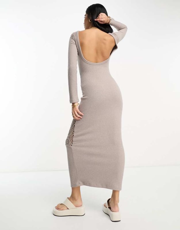 knee length dresses for ladies ASOS DESIGN Crochet Bardot Midi Dress In Ditsy Stripe Mix Print main image 0