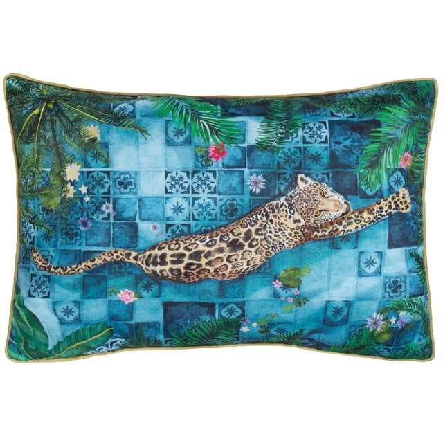 Elevate your outdoor space with the Majorelle Leopard Moroccan Piped Outdoor Cushion, a masterpiece of luxury and detail. This cushion features a hand-painted design capturing a majestic leopard gliding through the serene waters of a Moroccan Riad, framed by intricate tiles and lush palms. The soft-touch material, specially treated for outdoor durability, promises both style and resilience. Matching piping adds a refined finish, ensuring every detail is considered. Ideal for those who cherish artisanal craftsmanship and seek elegance in their surroundings, this cushion transforms any setting into an oasis of calm and sophistication.