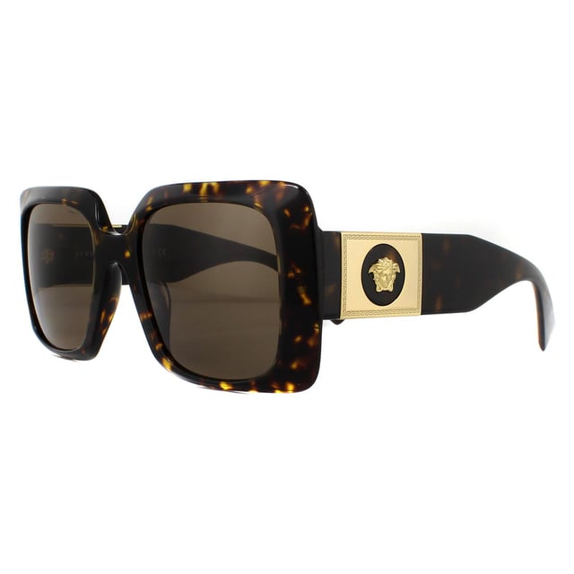 Versace Sunglasses VE4405 108/73 Havana Dark Brown are an oversized acetate design with bevel angled profiles and wide temples embellished with the new cut out metal plaque with 3D Medusa at the centre..
