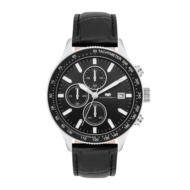 GENERAL INFORMATION:  • Targetgroup: Male  • Wristwatch: Chronograph  • Display: analogue  • Weight of watch w/o box (gr.) - approx.: 77,0  • model series: Karthago II  MOVEMENT:  • Movement: Quartz  • Term of Movement: VD57  • Origin of movement: Japan  BRACELET:  • Material of bracelet/strap: Genuine leather  • Plating of bracelet/strap: None  • Finishing of bracelet/strap: Embossed  • Finishing/Decoration of bracelet/strap: Seam  • Clasp/Closure/Buckle: Buckle  • Color of bracelet/strap: Black  • Length of bracelet/strap (mm) approx.: 210,0  • Width of bracelet/strap (mm) approx.: 19,8  • Style/Design of bracelet/strap: Crocodile (embossed)  • Bracelet/strap adjustable?: No  CASE:  • Shape of case: Round  • Size/Diameter of case in mm . approx.: 43  • Height of case in mm: 12,0  • Case material: Stainless steel  • Surface of case: Polished  • Bezel/Topring: Turnable  • Finishing/Decoration of case: Grooved  • Material of case back: Stainless steel  • Lock of case back: Screwed  • Color of case: Silver  • Coating/Plating (Case): None  • Type/Form of crystal: Flat  • Material of crystal: Mineral crystal  • Water resistant (ATM): 10  DIAL:  • Size jewelry care cloth: Date/Hour/Minute/Second/Stopwatch  • Indices: Line indices  • Material of dial: Brass  • Structure/pattern of dial: Multi-layer  • Color of dial: Black  PUSHER, CROWN, HAND:  • Pusher: No screwed-in crown  • Corrector: Yes  • Crown: No screwed-in crown  • Type of hands: Arrow hand  • Luminescent (hands): Yes  PACKAGING & SCOPE OF DELIVERY:  • Box: Yes  • Service booklet: Yes  • Manual: Yes