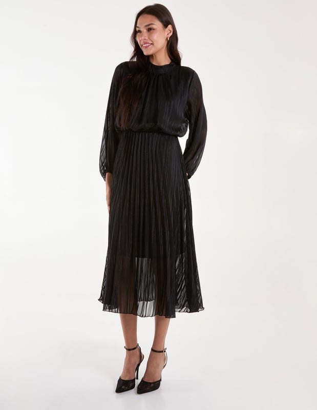 The dress that screams nothing but Christmas! Here it is, say hello to the party dress everyone will be wanting this season! Team our metallic high neck pleated dress with gold strappy heels and a warm faux fur coat.     