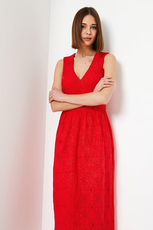 Sleeveless V Neck Lace Midi Dress