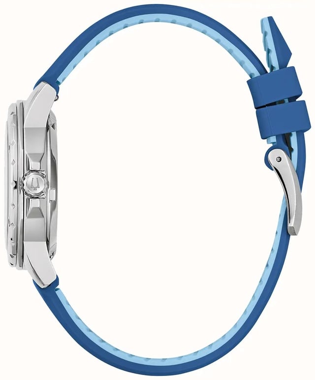 This Bulova Marine Star Analogue Watch for Women is the perfect timepiece to wear or to gift. It's Silver 34 mm Round case combined with the comfortable Blue Silicone watch band will ensure you enjoy this stunning timepiece without any compromise. Operated by a high quality Automatic movement and water resistant to 10 bars, your watch will keep ticking. High quality 19 cm length and 17 mm width Blue Silicone strap with a Buckle Case diameter: 34 mm,case thickness: 10 mm, case colour: Silver and dial colour: Mother of pearl Water resistant: 10 bars-Weight: 60 g