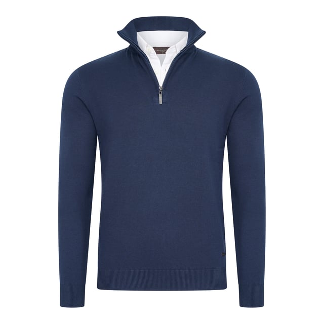 Jersey Cappuccino Italia con cremallera falsa para hombre. El jersey está confeccionado en 50% algodón y 50% poliéster y es de corte recto. El jersey tiene cuello camisero, que está cosido al jersey.  Marca: Cappuccino ItaliaNombre del modelo: Mock Pullover (con cuello camisero)Categoría: jersey de hombreMateriales: algodón, acrílicoColor: azul marino, blanco