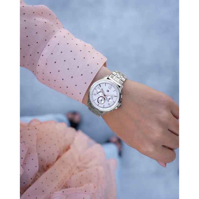 This Tommy Hilfiger Harper Multi Dial Watch for Women is the perfect timepiece to wear or to gift. It's Silver 38 mm Round case combined with the comfortable Silver Stainless steel will ensure you enjoy this stunning timepiece without any compromise. Operated by a high quality Quartz movement and water resistant to 3 bars, your watch will keep ticking. This Elegant and practical watch is perfect for all occasions.  It’s a great gift for your relatives and friends - The watch has a Calendar function: Day-Date, Luminous Hands, 24-hour Display High quality 19 cm length and 17 mm width Silver Stainless steel strap with a Fold over with push button clasp Case diameter: 38 mm,case thickness: 8 mm, case colour: Silver and dial colour: Silver