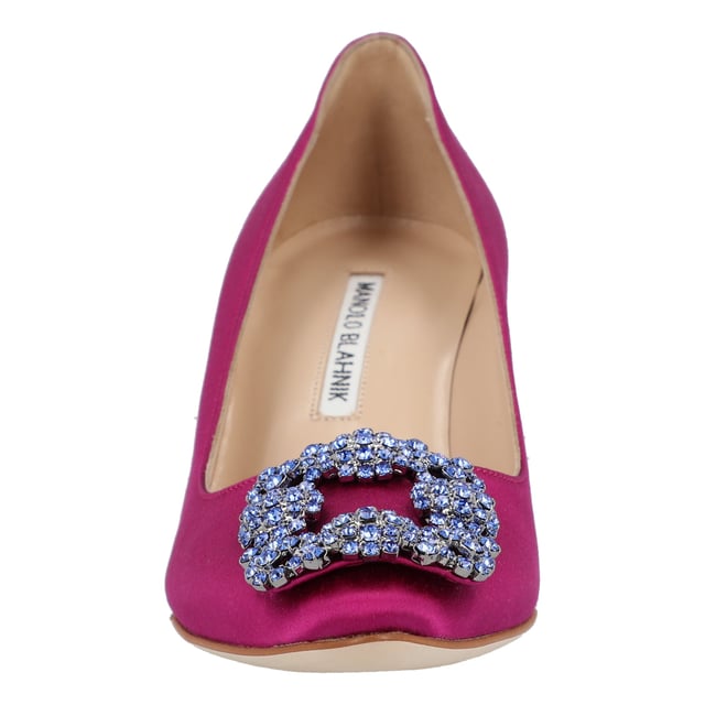 Satin almond toe pumps featuring a square crystal buckle encased in a gunmetal frame. Finished with a stiletto mid heel.

 Upper: 68% viscose, 32% silk.
Sole: 100% cow leather.
Lining: 100% kid leather.
Heel measures 70 mm.
Made in Italy.Measurments: