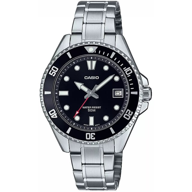 Casio Casio Collection Unisex Silberarmbanduhr MDV-10D-1A1VEF This Casio Casio Collection Analogue Watch for Unisex is the perfect timepiece to wear or to gift. It's Silver 36 mm Round case combined with the comfortable Silver Stainless steel watch band will ensure you enjoy this stunning timepiece without any compromise. Operated by a high quality Quartz movement and water resistant to 5 bars, your watch will keep ticking. This sporty and trendy watch is a perfect gift for New Year, birthday,valentine's day and so on. This Analogue watch has a Calendar function: Date , Luminous Hands and Luminous Numbers High quality 20 cm length and 15 mm width Silver Stainless steel strap with a Fold over with push button clasp Case diameter: 36 mm,case thickness: 10 mm, case colour: Silver and dial colour: Black