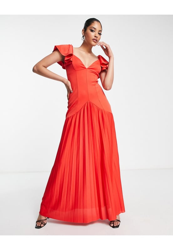 ASOS DESIGN ruffle shoulder pleated maxi dress in red