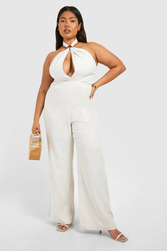 Plus Linen Look Halterneck Jumpsuit