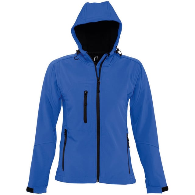 Breathable, windproof and water resistant. Shaped fit. Taped neckline. Hood with adjustable drawcord. Collar high full zip with inner storm flap and chin guard. Two front zip pockets and one right chest zip pocket. Tear release adjustable cuffs. Adjustable drawcord at hem. Drop tail. Access for decoration. Material: Stretch soft shell fabric has a 94% polyester/6% elastane outer, membrane and polyester fleece backing. Ladies size: S(8/10), M(12), L(14), XL(16), XXL(18).