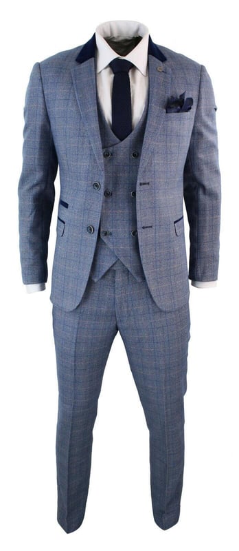 The Hilton suit adds a splash of colour to your ensemble. It combines pastel blue and blush pink to create a vintage style check weaved into a durable tweed style fabric. Navy blue is also worked in to the suit with velvet trims. elbow pads and collar to make it stand out. A superb check three piece perfect for both weddings and christenings - Note: The waistline of the pants is 15cm smaller than the corresponding size of the jacket. For example, a 34'' coat + 28'' pants, a 36'' coat + 30'' pants, a 38'' coat + 32'' pants, a 40'' coat + 34'' pants, a 42'' coat + 36'' pants, 44'' jacket + 38'' pants, 46'' jacket + 40'' pants, 48'' jacket + 42'' pants, 48'' jacket + 44'' pants, and 52'' jacket + 46'' pants.