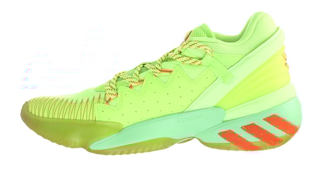 Adidas D.O.N Número 2 entrenadores de hombres verde GCA Tomando sus señales de los instintos sobrehumanos de Donovan Mitchell, el D.O.N. El problema #2 Spida Sense es un espectáculo para ser visto. Estos zapatos exclusivos del baloncesto de Adidas tienen Pops rojos de neón a lo largo de la parte superior verde lima. Una suela externa de brillo translúcido presenta una silueta "radiactiva" que casi parece parpadear cuando siente una amenaza inminente en la cancha. Su sentido de Spida debe estar hormigueando.