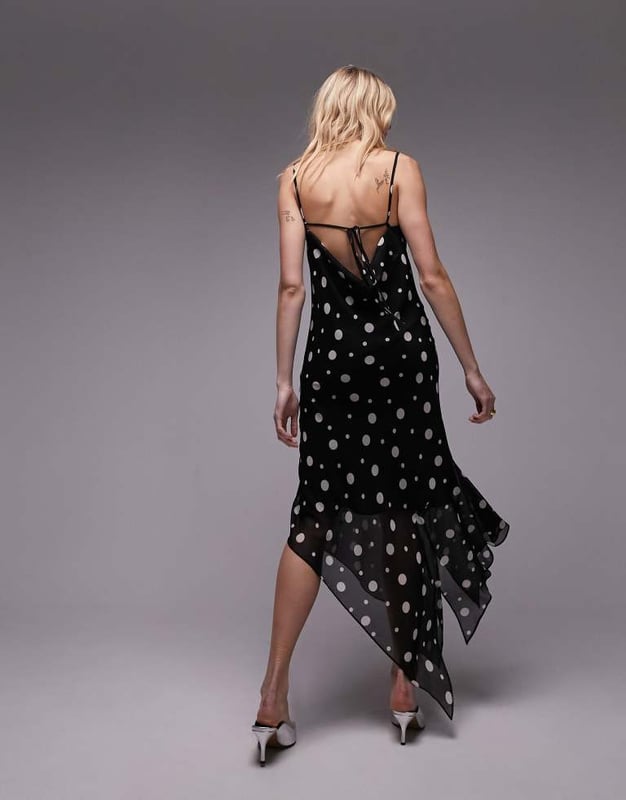 Topshop sheer midi slip dress in mono spot-Multi Dresses by Topshop Welcome to the next phase of Topshop Cowl neck Fixed straps Tie-back fastening Asymmetrical hem Regular fitSold By: Asos
